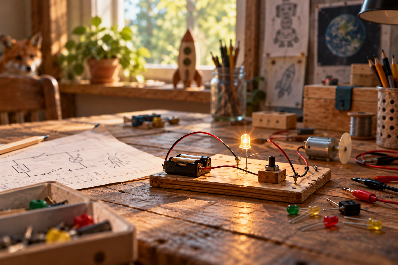Selbstgebaute einfache elektrische Schaltung mit leuchtender LED, Batterie, Schalter und Motor auf einer Werkbank